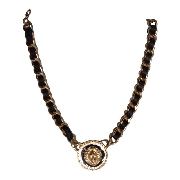 Gold Lions Face Medallion Necklace Black Leather Braided Chain Pendent Statement - Picture 6 of 8